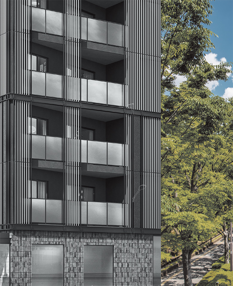 左：外観完成予想CG／右：現地周辺の並木道